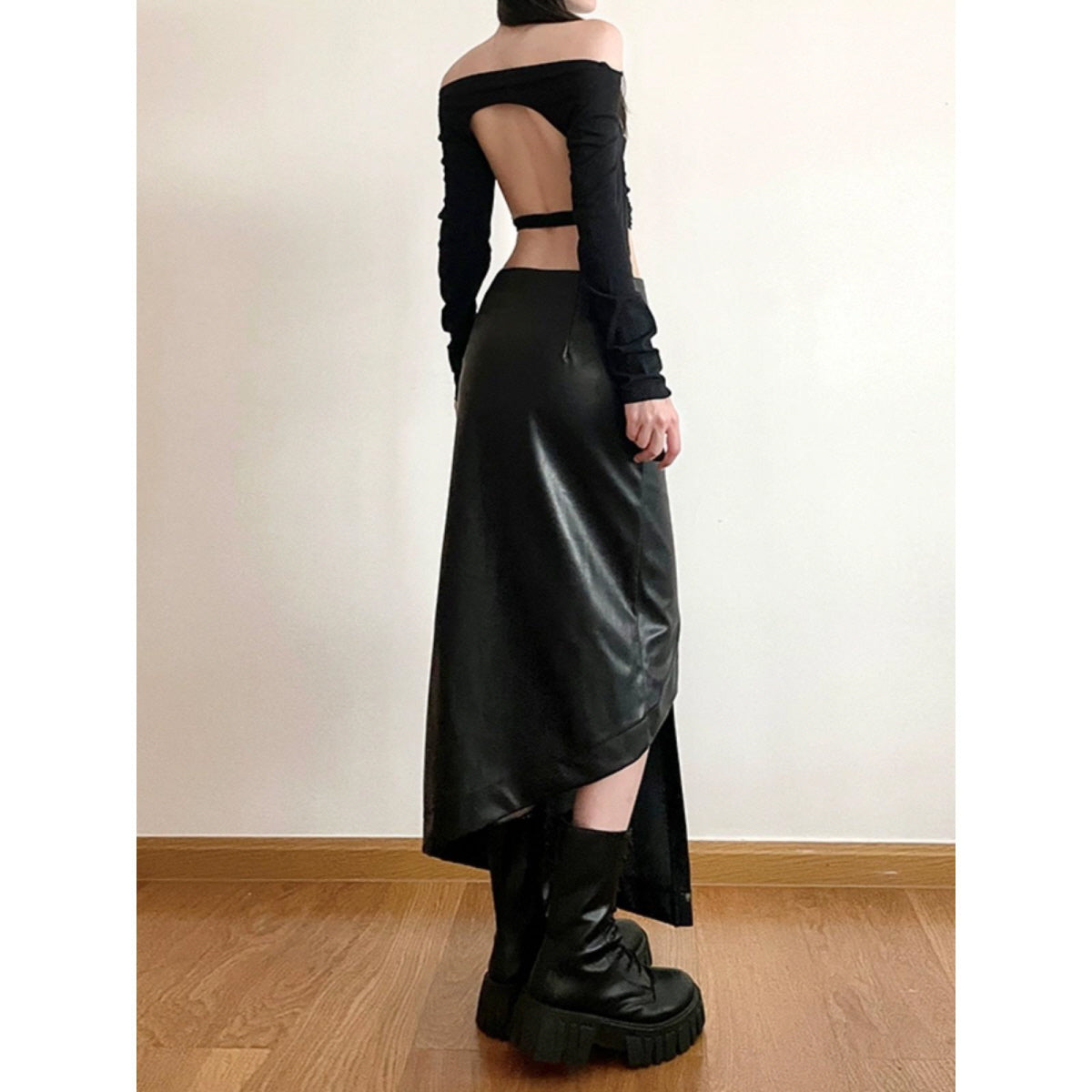 Asymmetrical Buttoned Leather Skirt