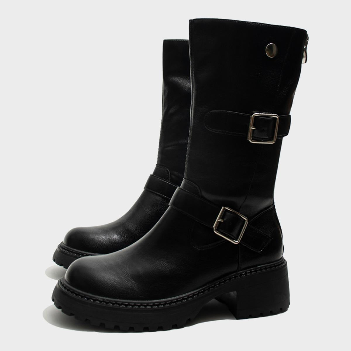Black Buckled Mid-Calf Boots