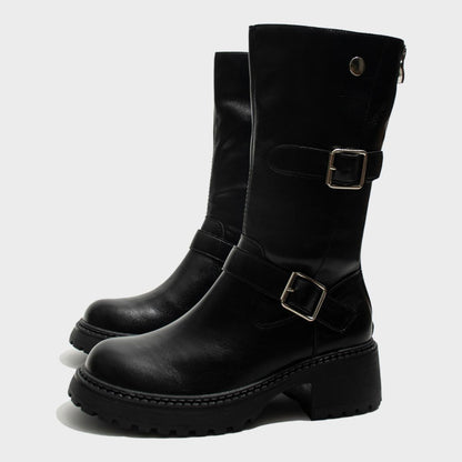 Black Buckled Mid-Calf Boots