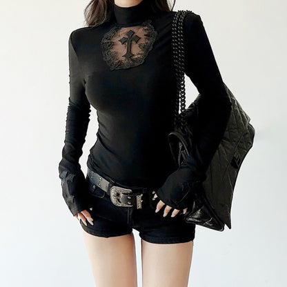 Black Sheer Panel Turtleneck