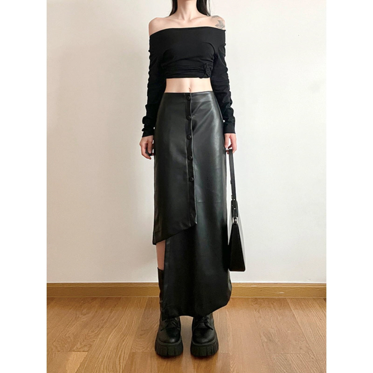 Asymmetrical Buttoned Leather Skirt