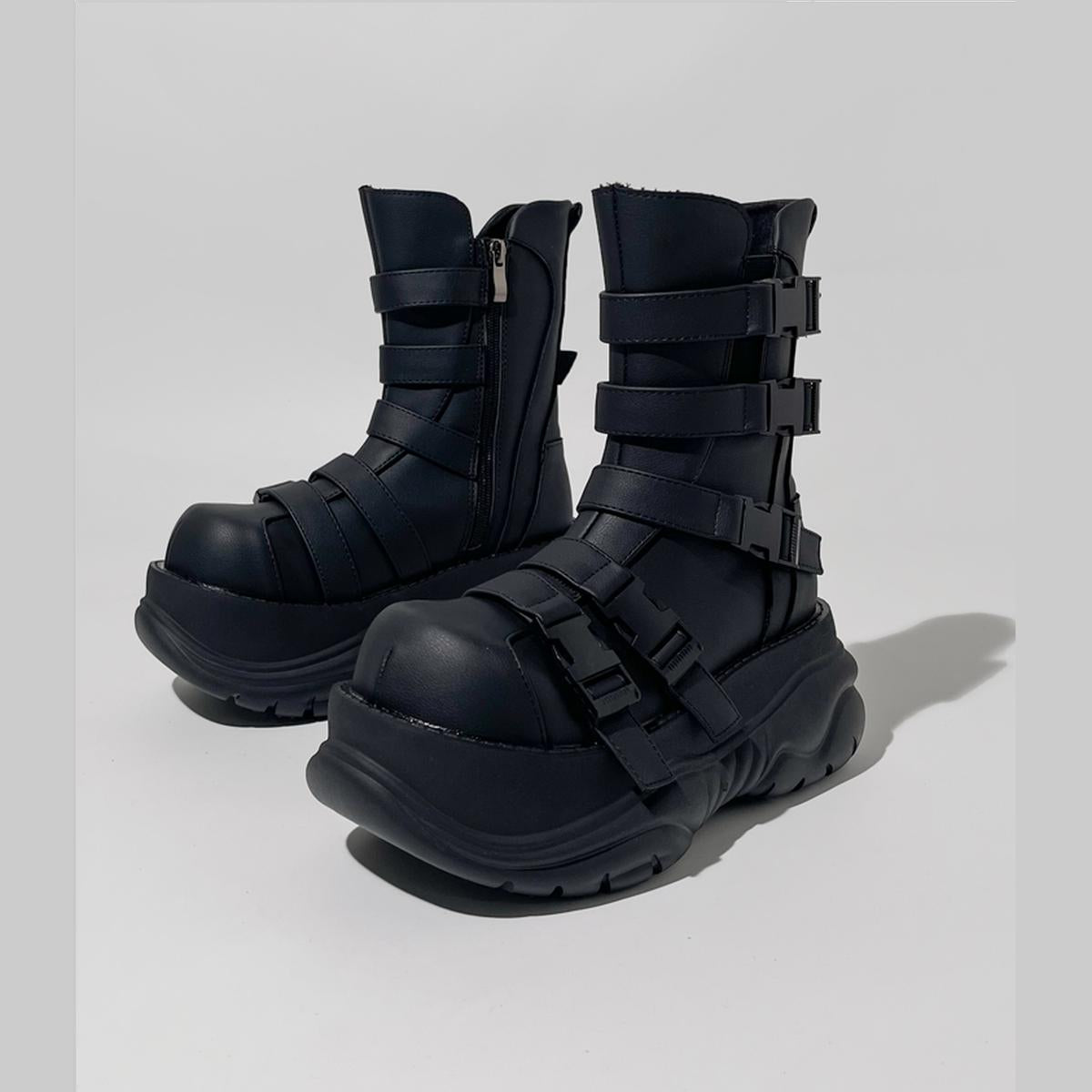 Black Multi-Buckle Platform Combat Boots