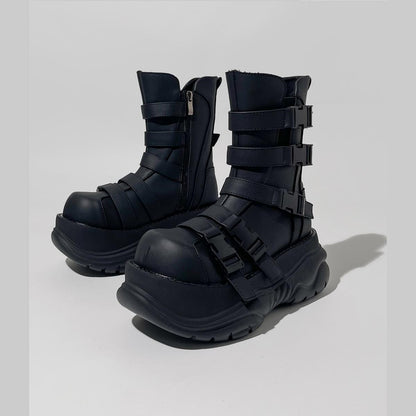 Black Multi-Buckle Platform Combat Boots