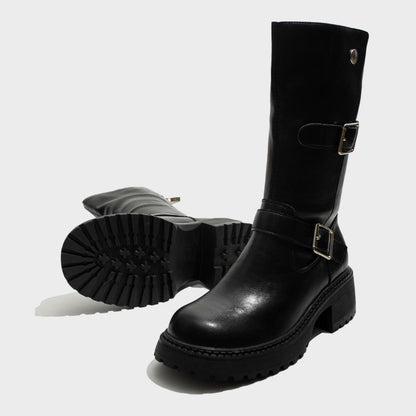 Black Buckled Mid-Calf Boots