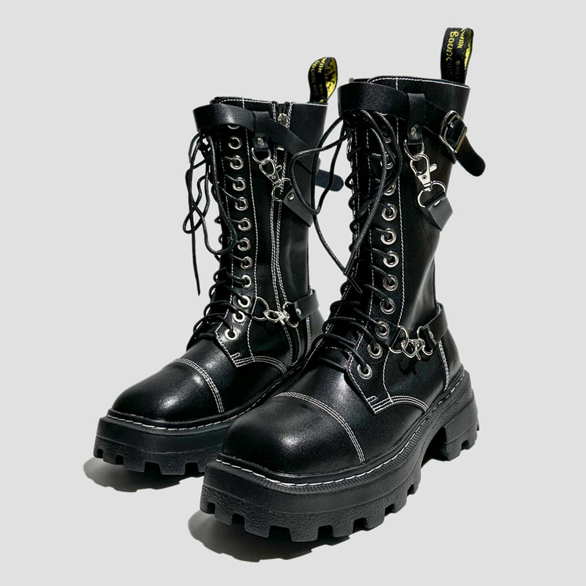 Black Chain Strap Combat Boots