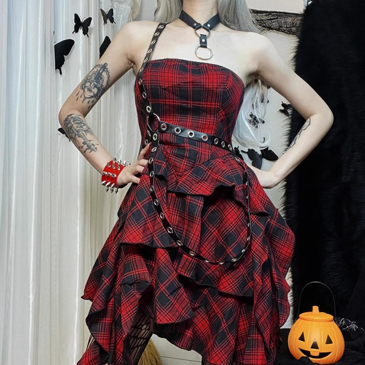 Plaid Buckle Strap Dress