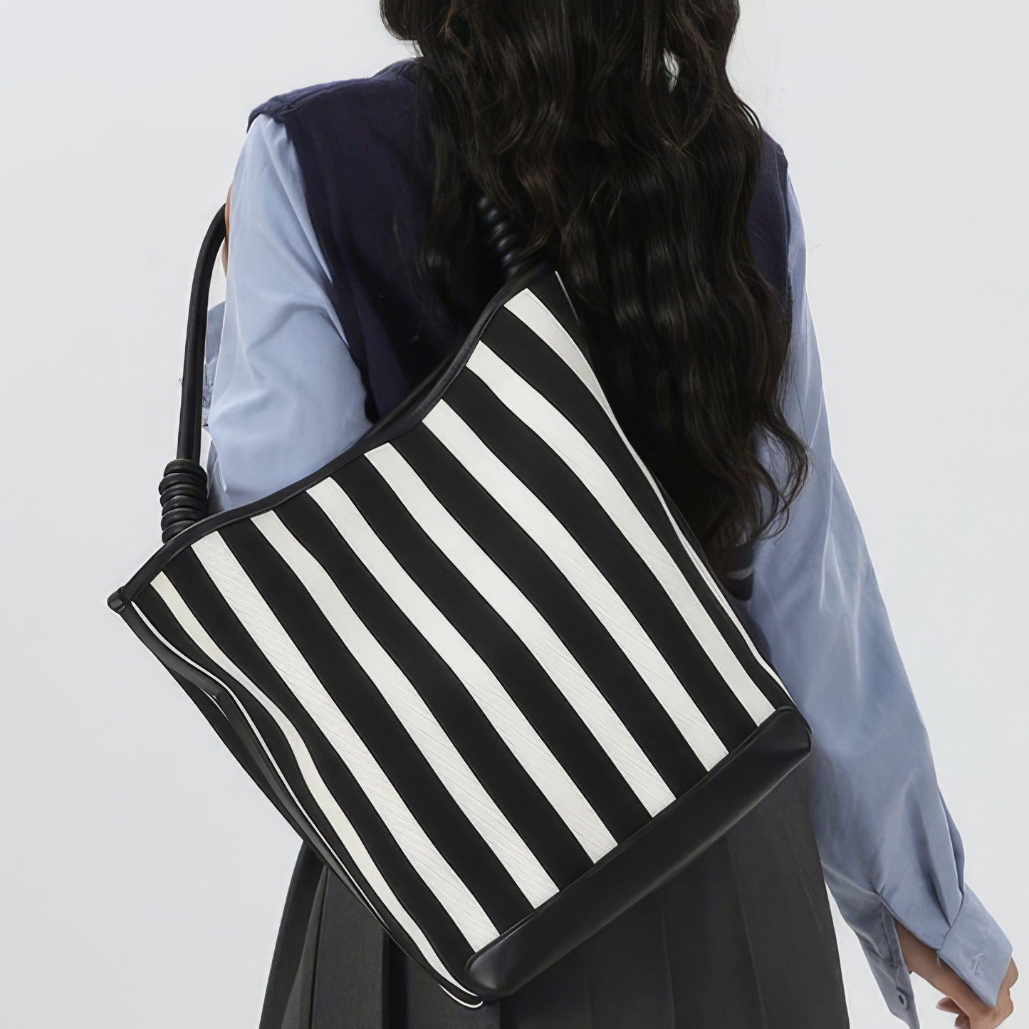 Striped Canvas Shoulder Tote Bag