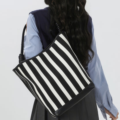 Striped Canvas Shoulder Tote Bag