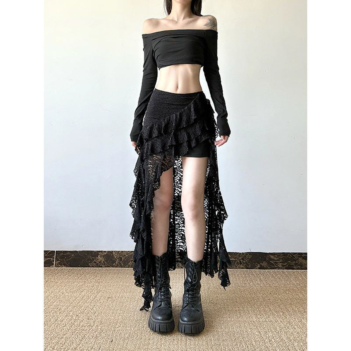 Lace Ruffled Asymmetrical Skirt