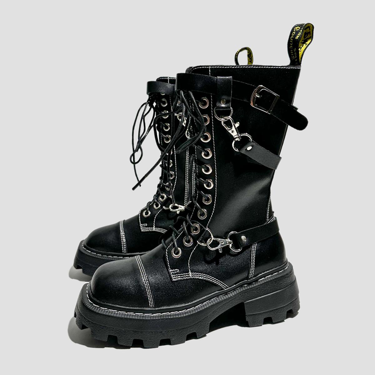 Black Chain Strap Combat Boots