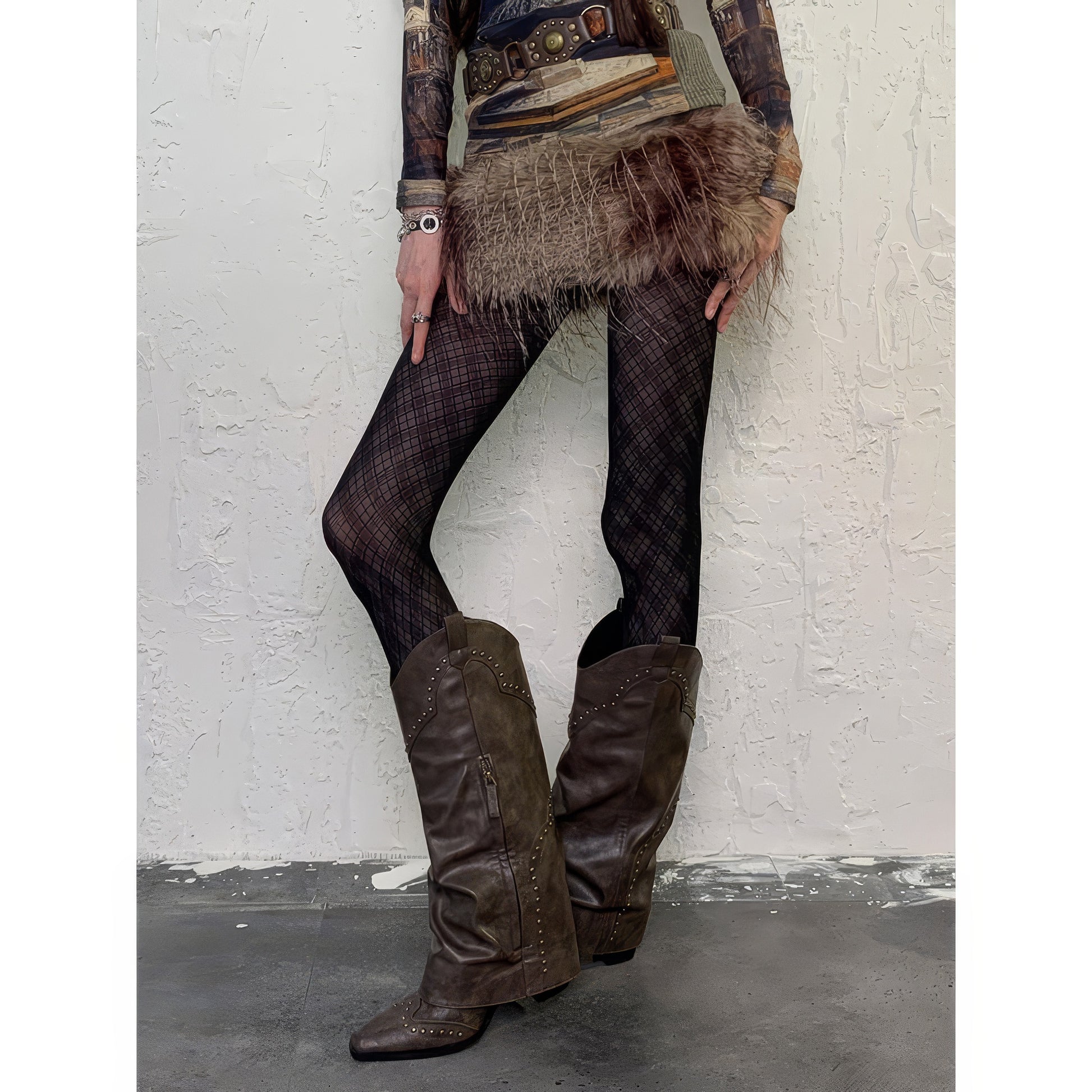 Textured Plaid Mesh Tights