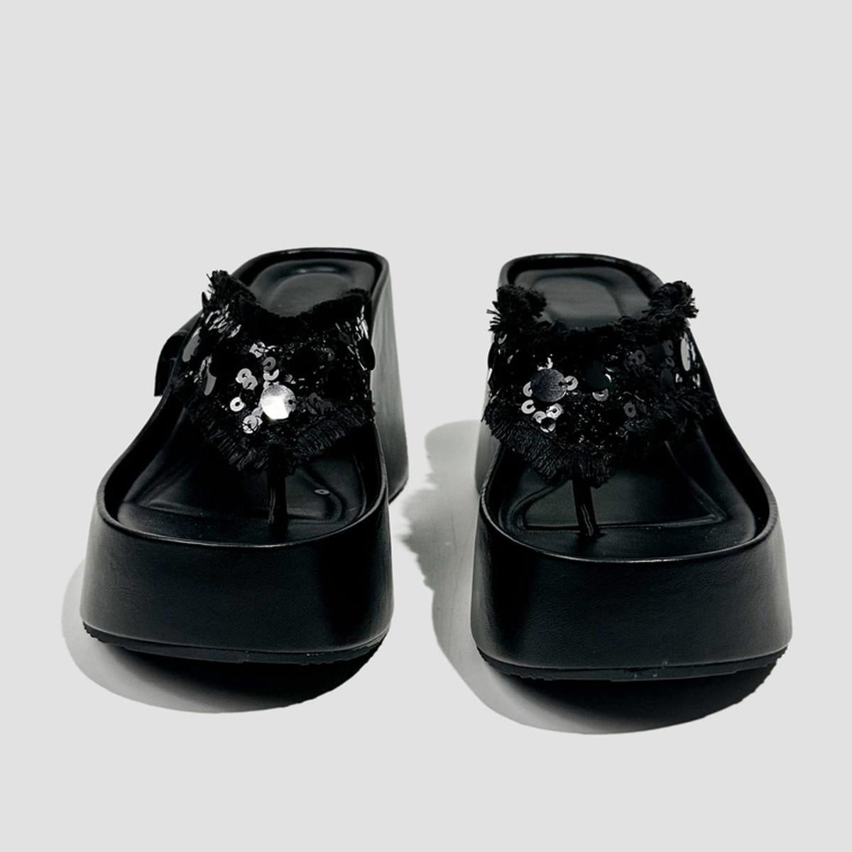 Black Sequin Fringe Platform Slides