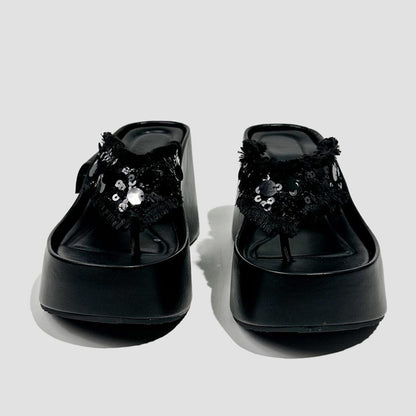 Black Sequin Fringe Platform Slides