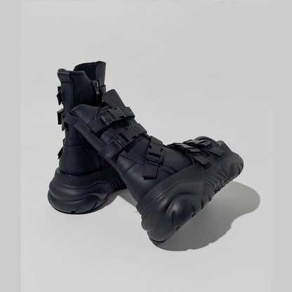 Black Multi-Buckle Platform Combat Boots