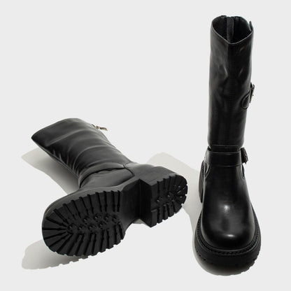 Black Buckled Mid-Calf Boots