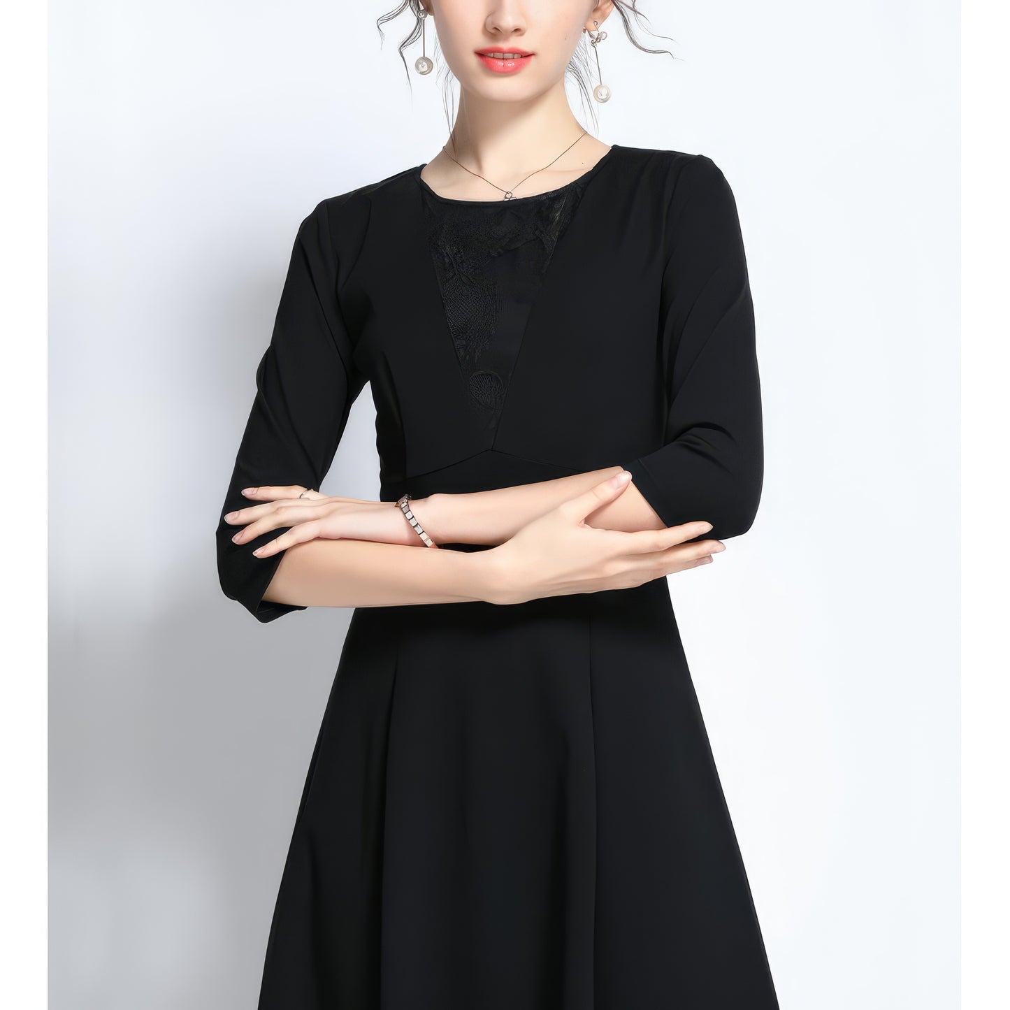 Lace Panel Three-Quarter Sleeve Black Midi Dress