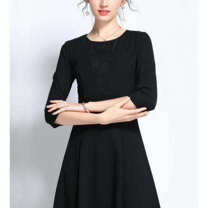 Lace Panel Three-Quarter Sleeve Black Midi Dress