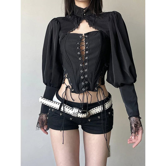 Lace Trim Puff Sleeve Corset Top