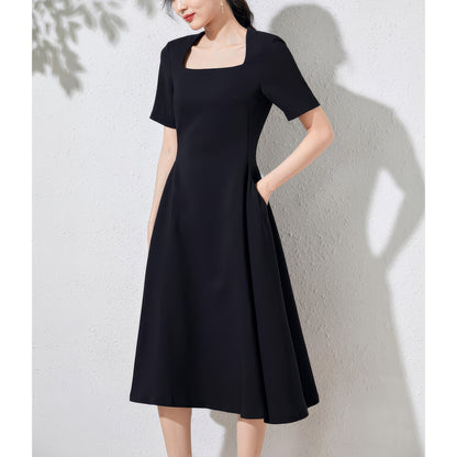 Square Neckline Black A-Line Dress