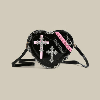 Studded Cross Patch Heart Patent Shoulder Bag