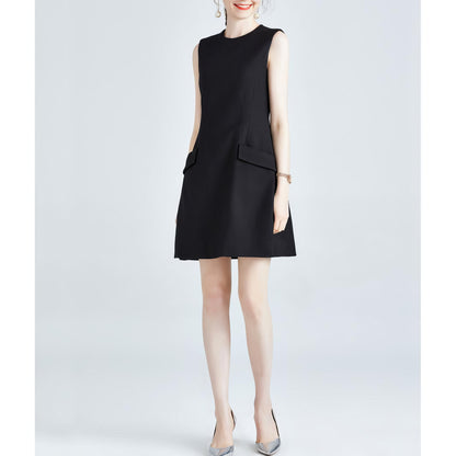 Sleeveless Flap Pocket Black Mini Dress