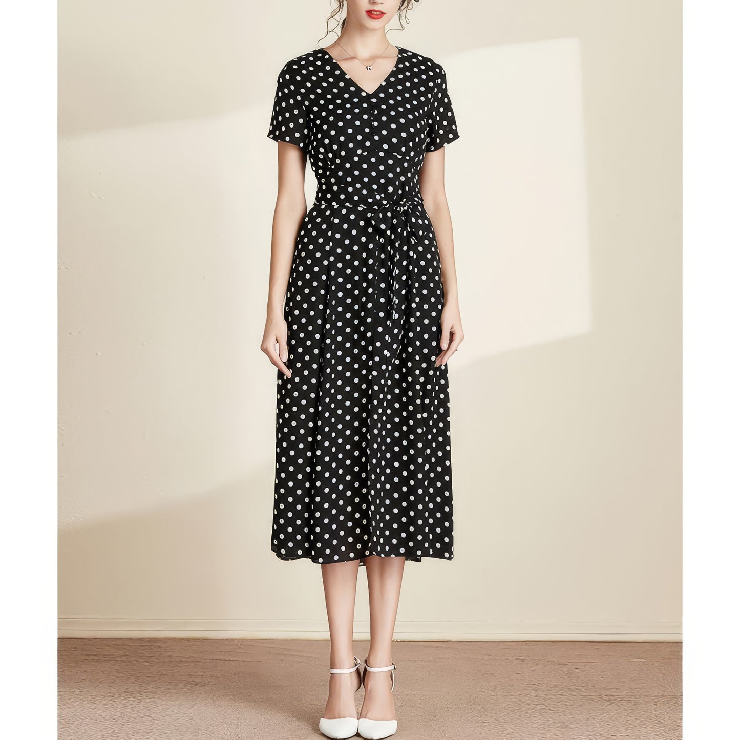 Polka Dot V-Neck Tie Waist Midi Dress