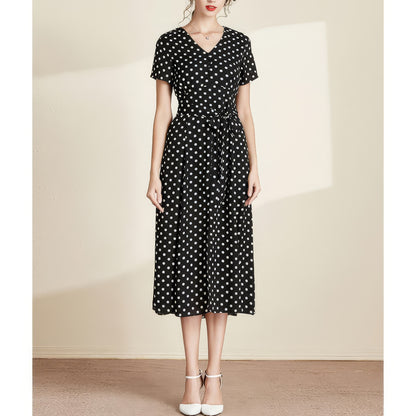 Polka Dot V-Neck Tie Waist Midi Dress