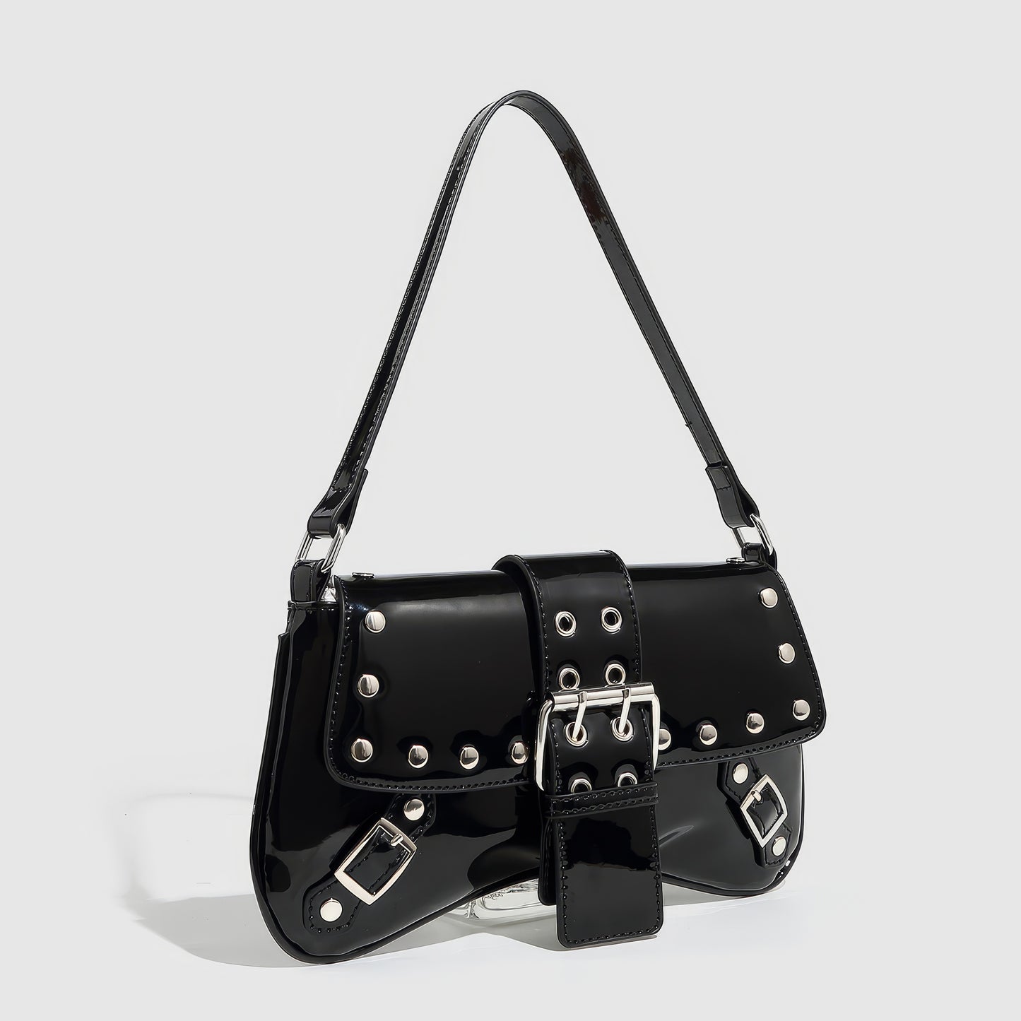 Patent Buckle Strap Black Shoulder Bag