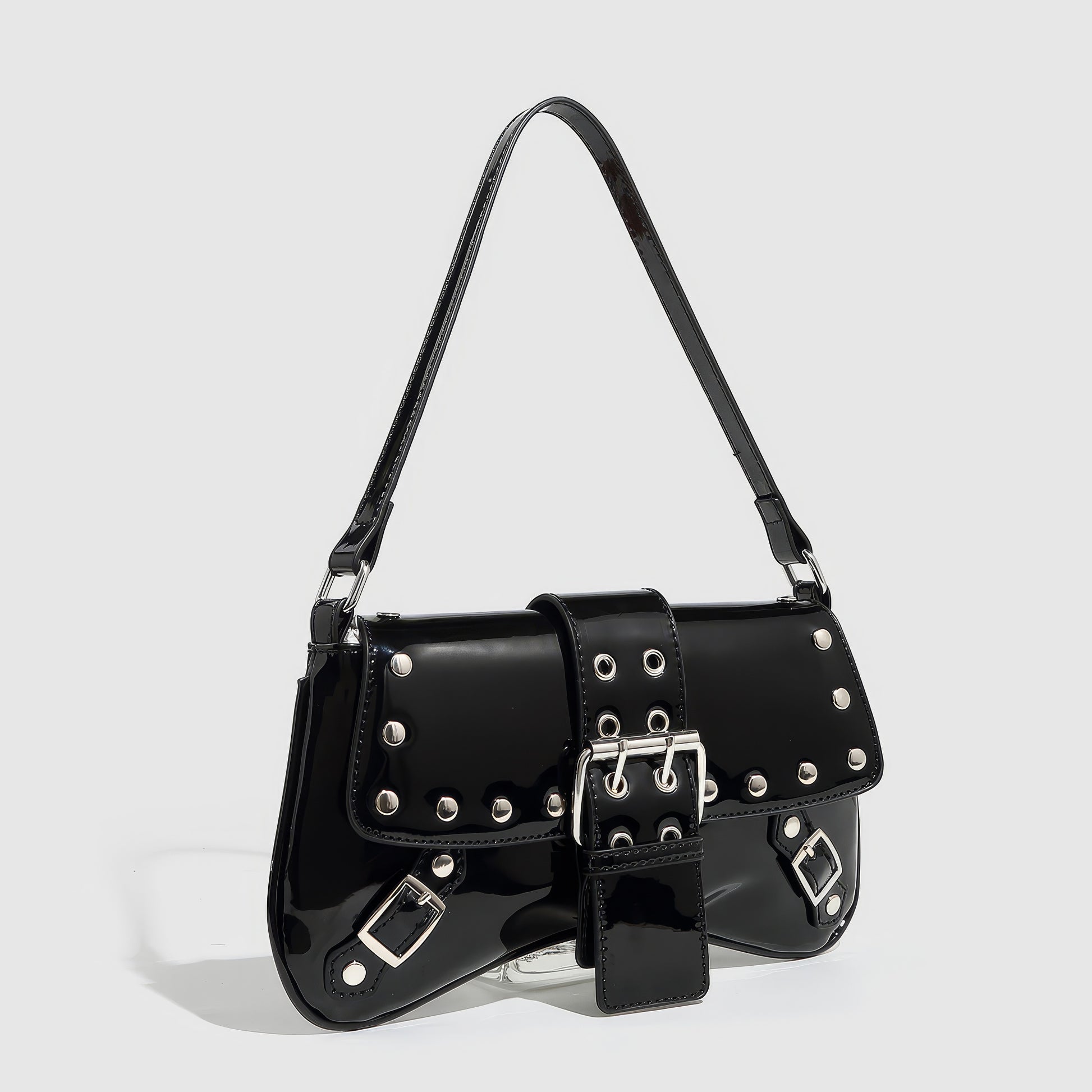 Patent Buckle Strap Black Shoulder Bag