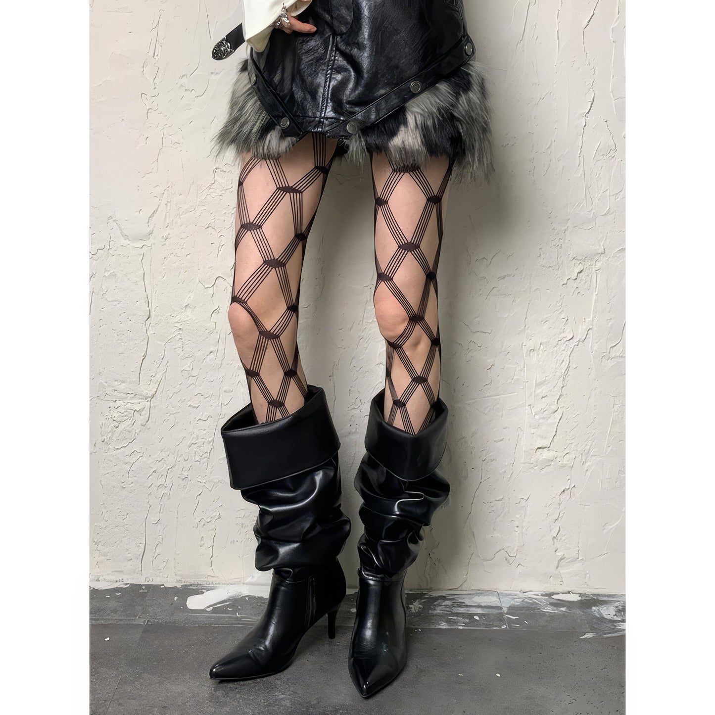 Geometric Strap Mesh Pattern Tights