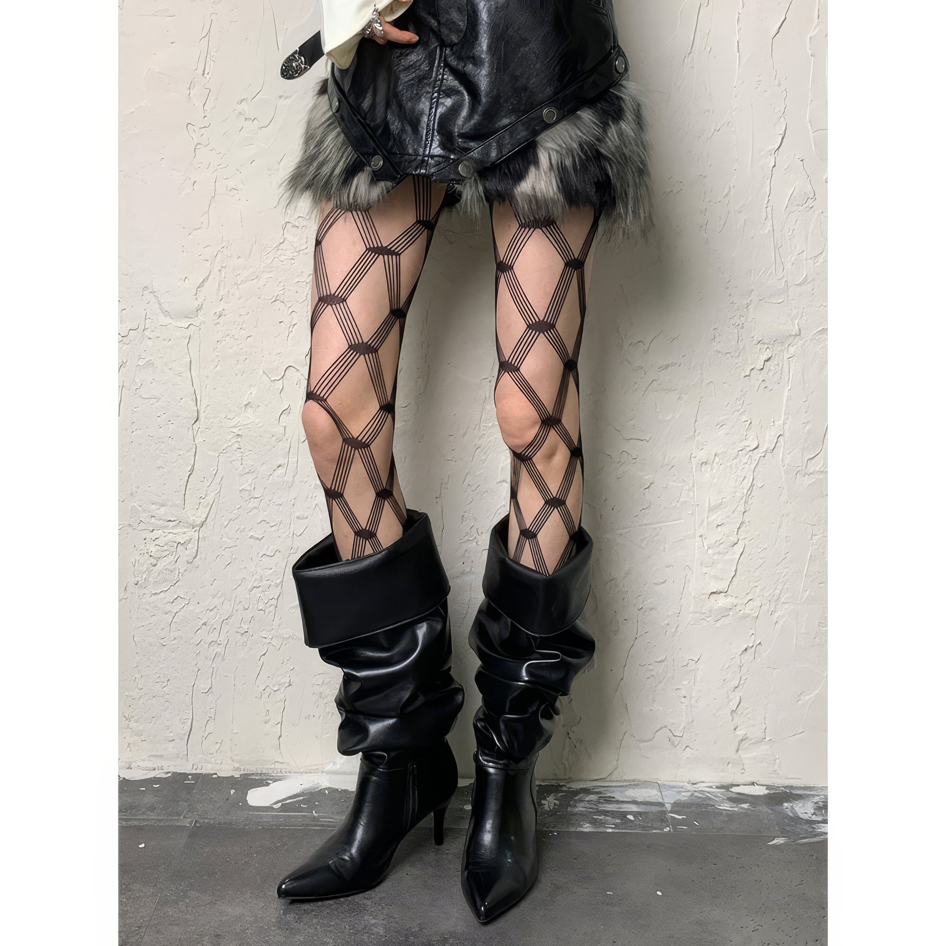 Geometric Strap Mesh Pattern Tights