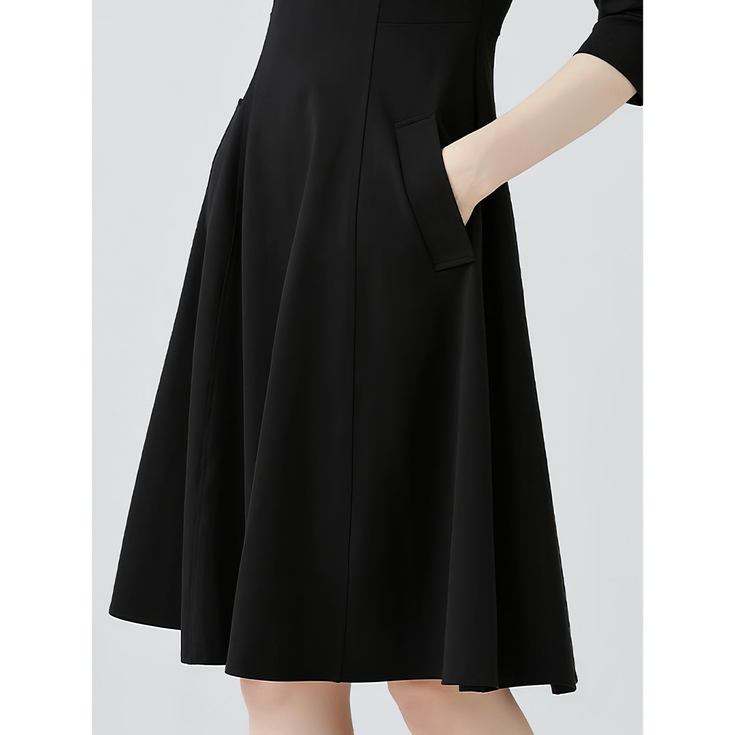 V-Neck Three-Quarter Sleeve Black Midi Dress