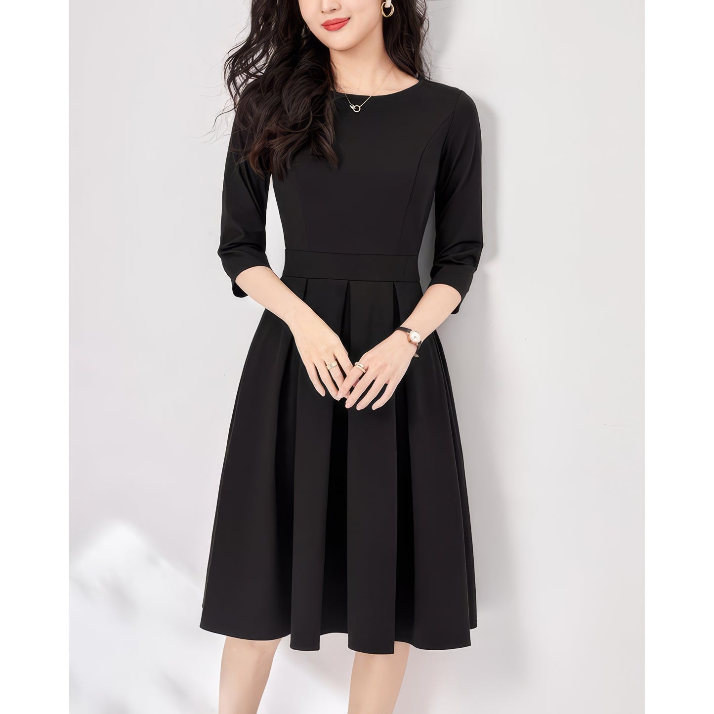 Pleated Waist Black Flare Dress