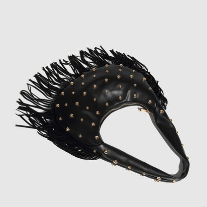 Fringed Studded Crescent Shoulder Bag