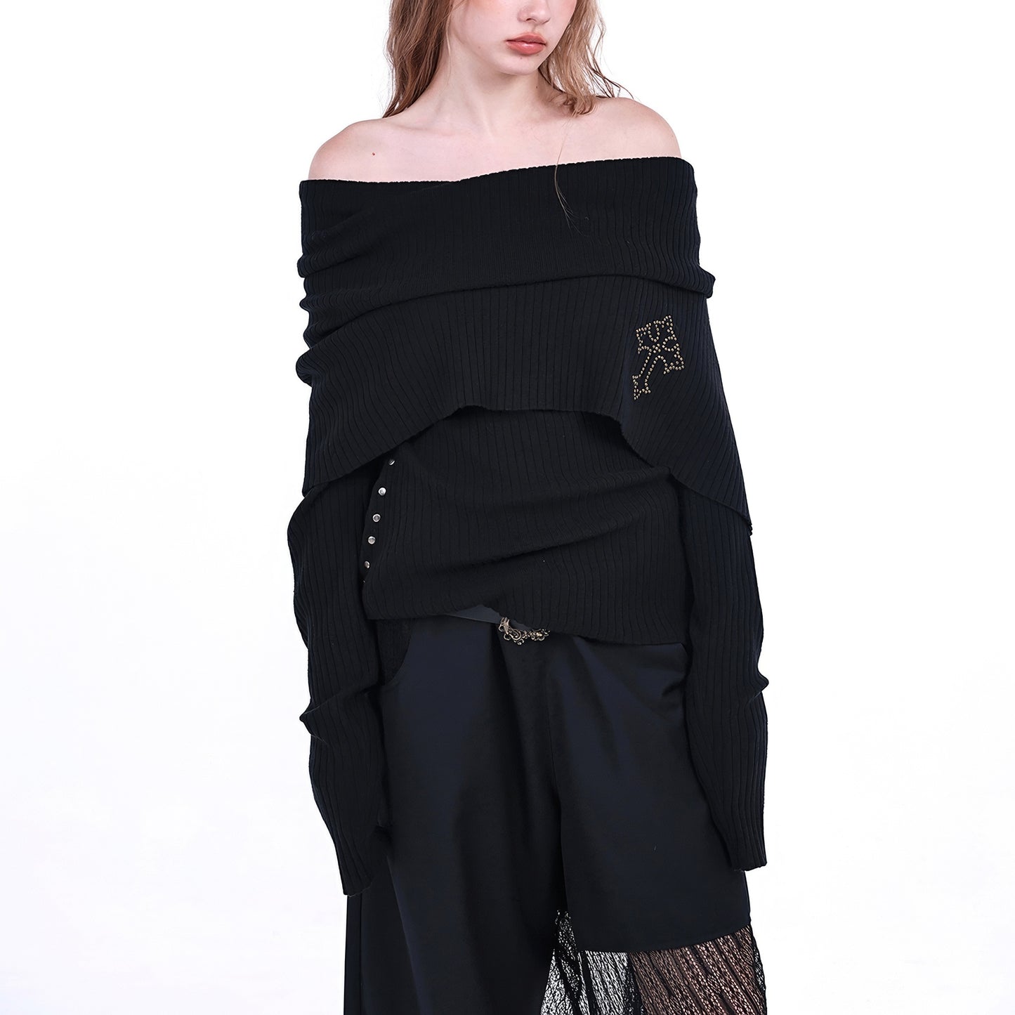 Off Shoulder Layered Knit Top with Studded Cross