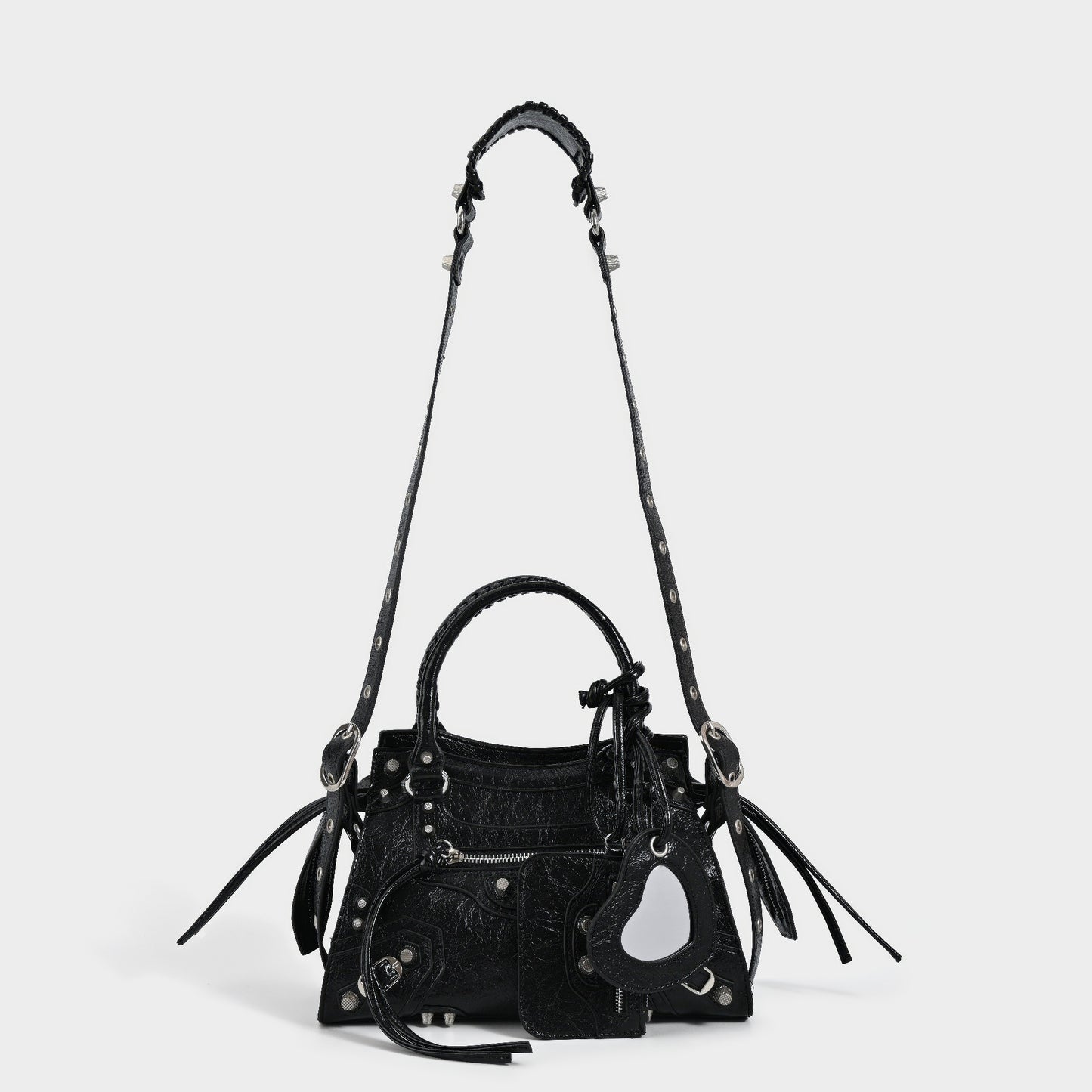 Studded Textured Leather Buckle Handbag