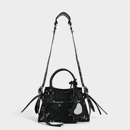 Studded Textured Leather Buckle Handbag