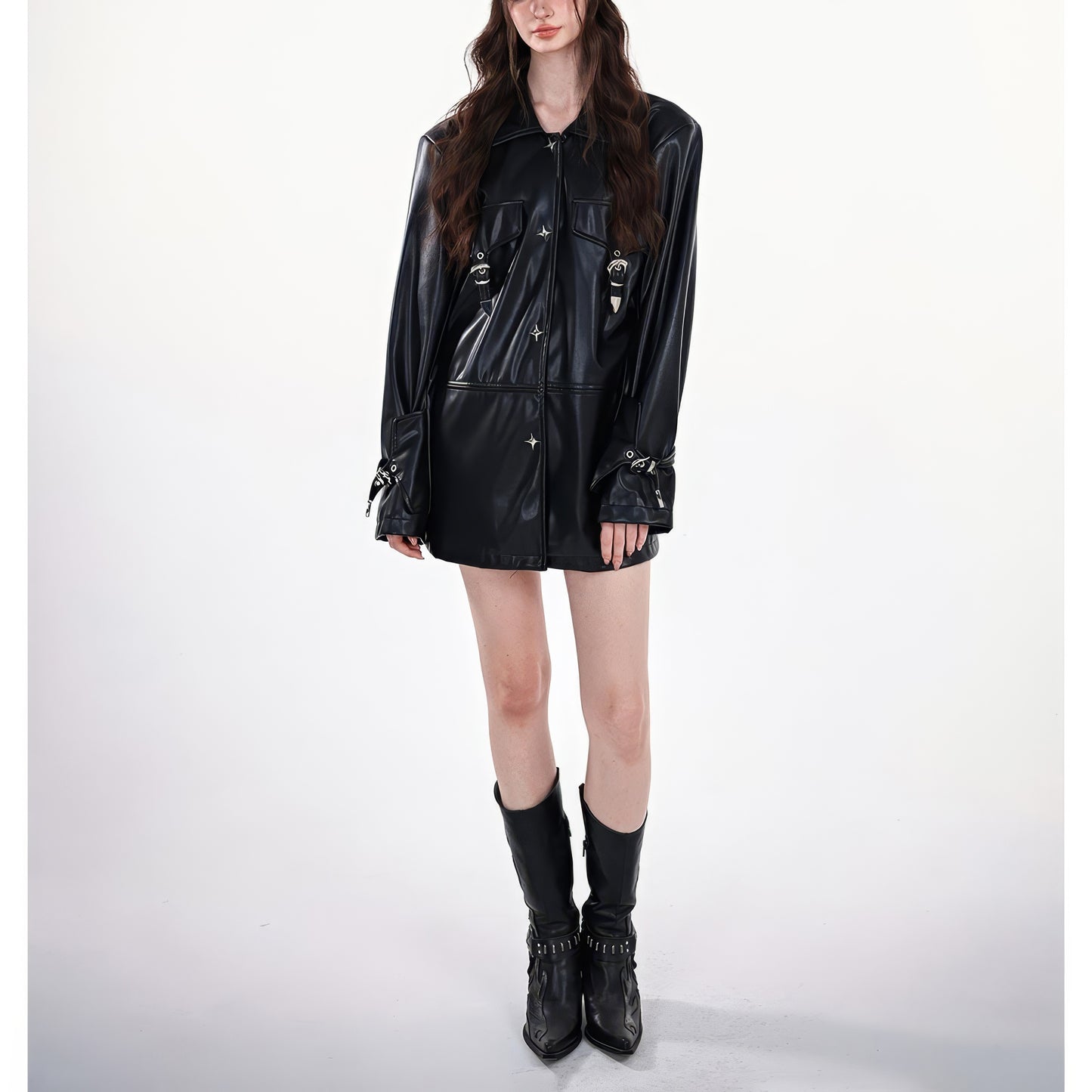 Star Rivet Faux Leather Oversized Jacket