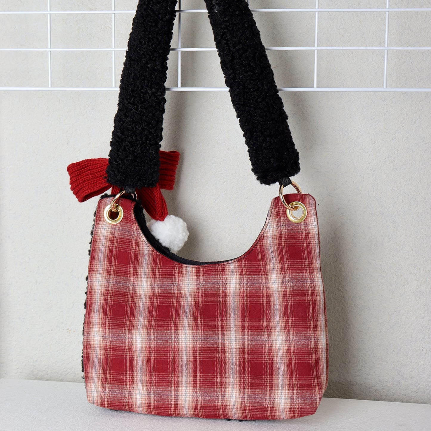 Plaid Fleece Cat Accent Mini Shoulder Bag