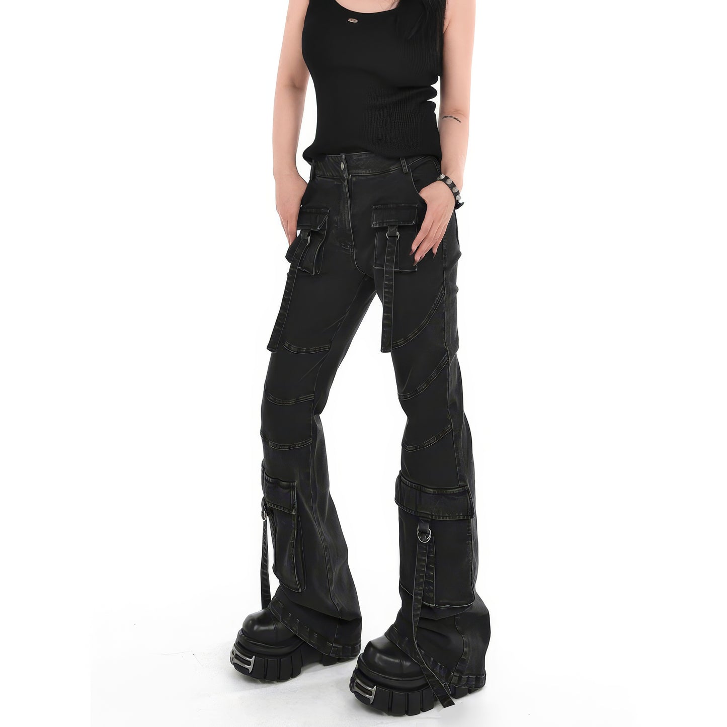 Washed Strap Cargo Flare Jeans