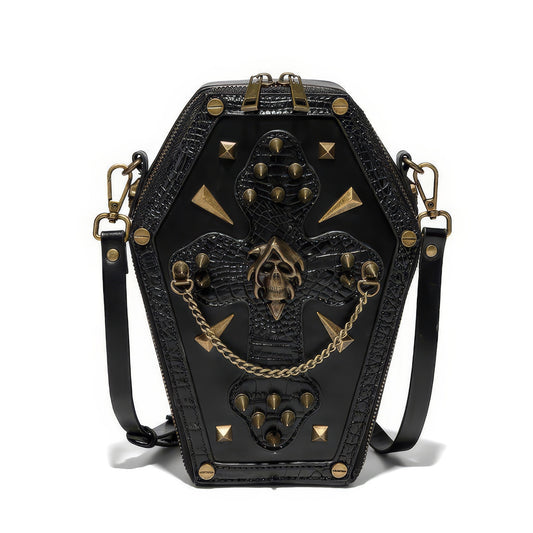 Embroidered Skull Stud Coffin Crossbody Bag