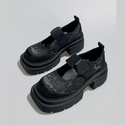 Black Floral Jacquard Platform Mary Janes