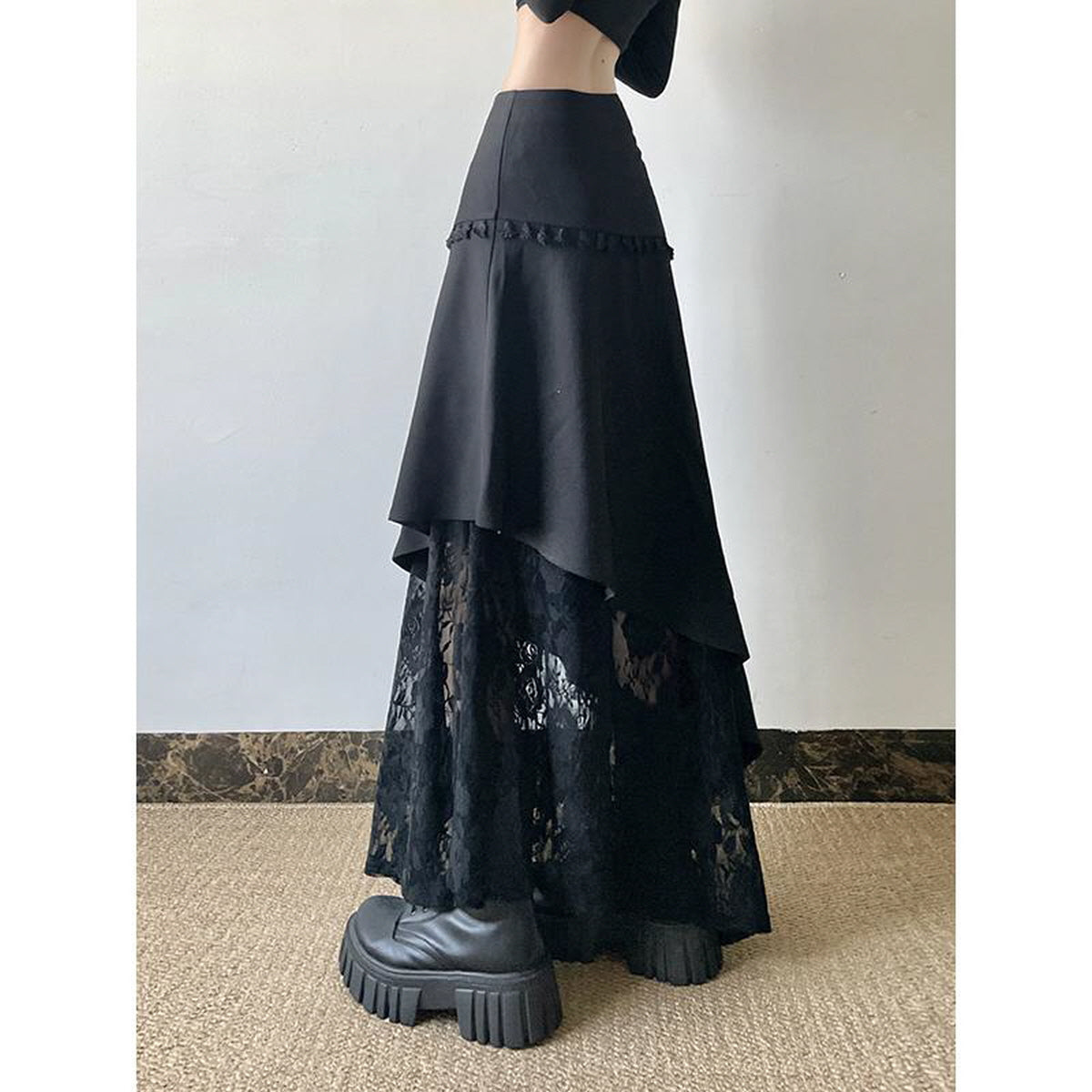 Asymmetrical Ruffle Layered Lace Skirt