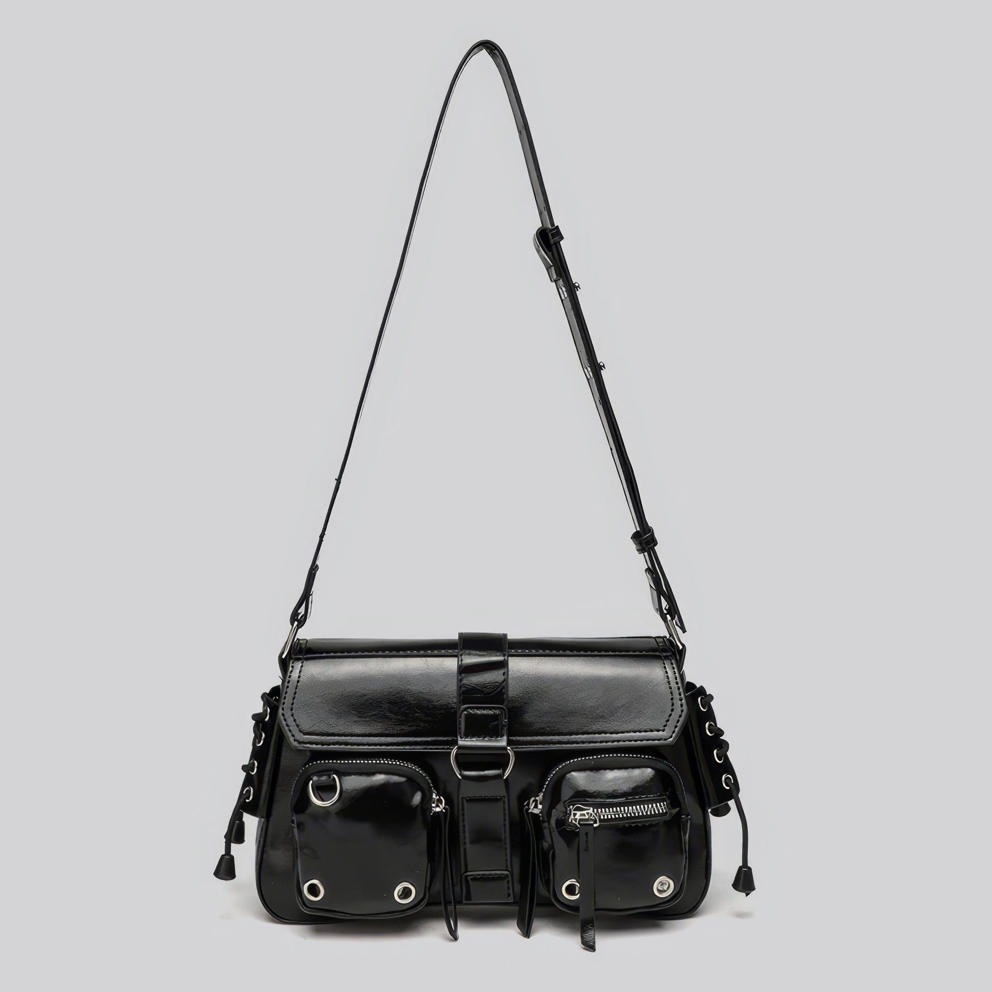 Glossy Buckle Multi-Pocket Shoulder Bag