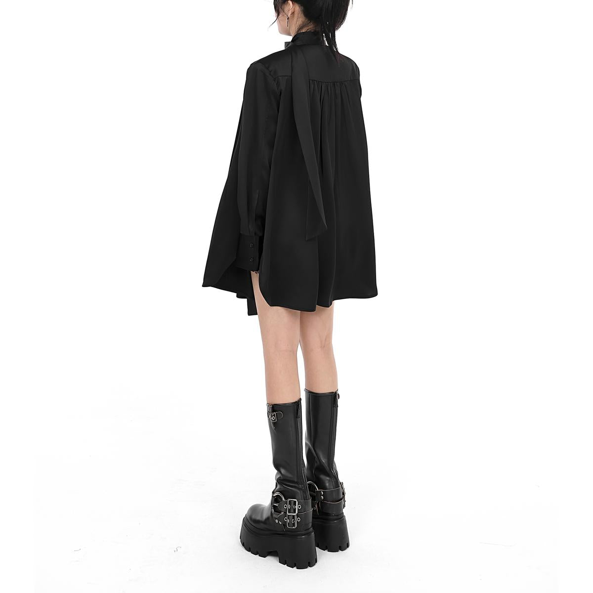 Satin Pleated Tie Neck Shirt Dress