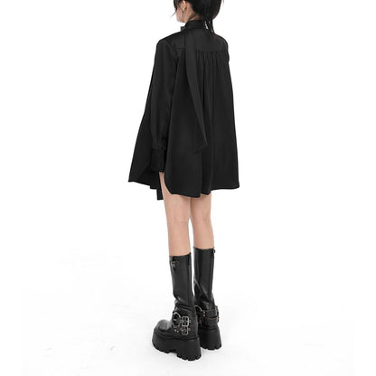 Satin Pleated Tie Neck Shirt Dress