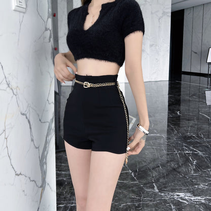 Gold Chain Belted High Waist Black Shorts