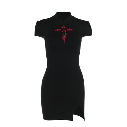 Embroidered Cross Cheongsam Mini Dress