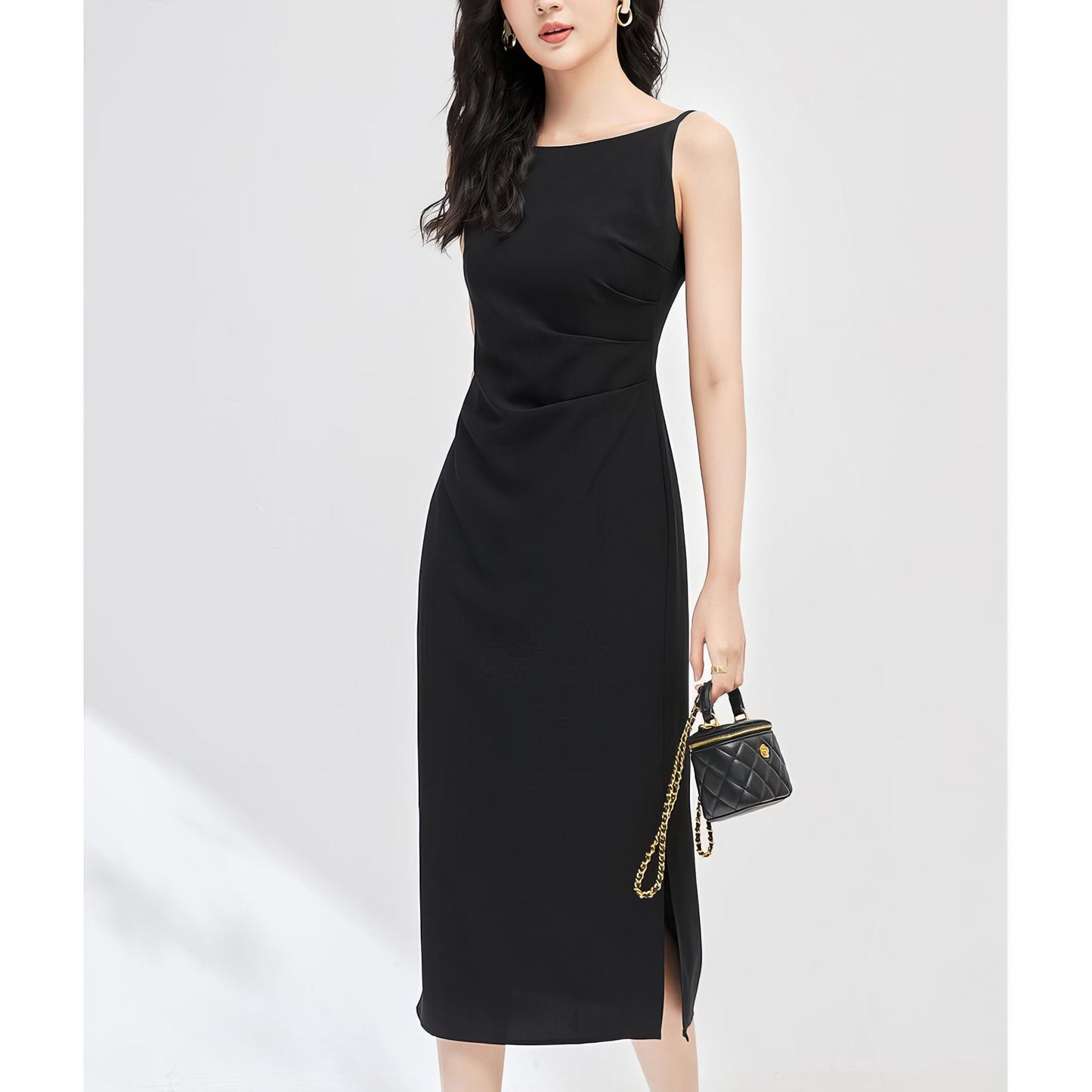 Side Slit Sleek Black Midi Dress