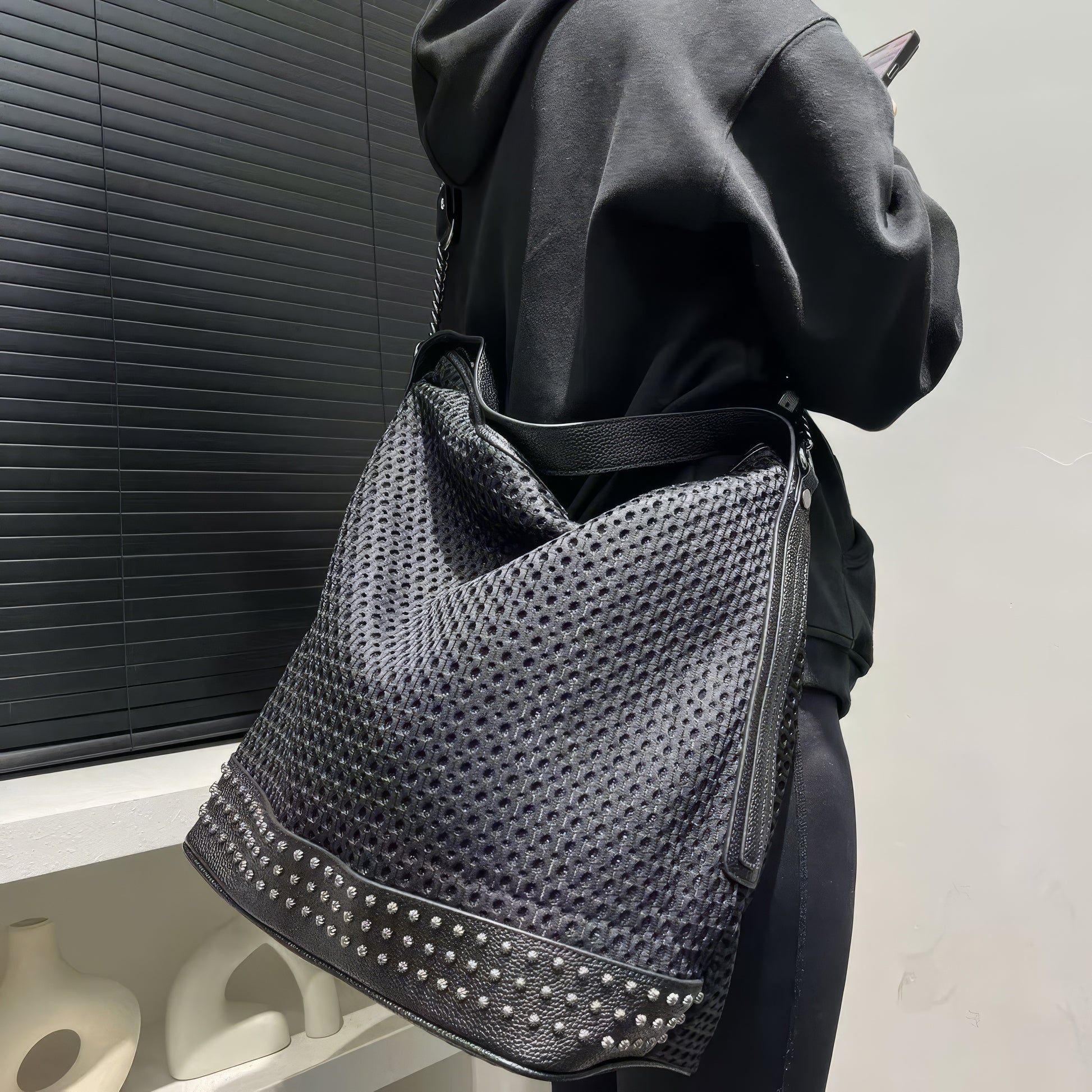 Textured Perforated Stud Shoulder Bag